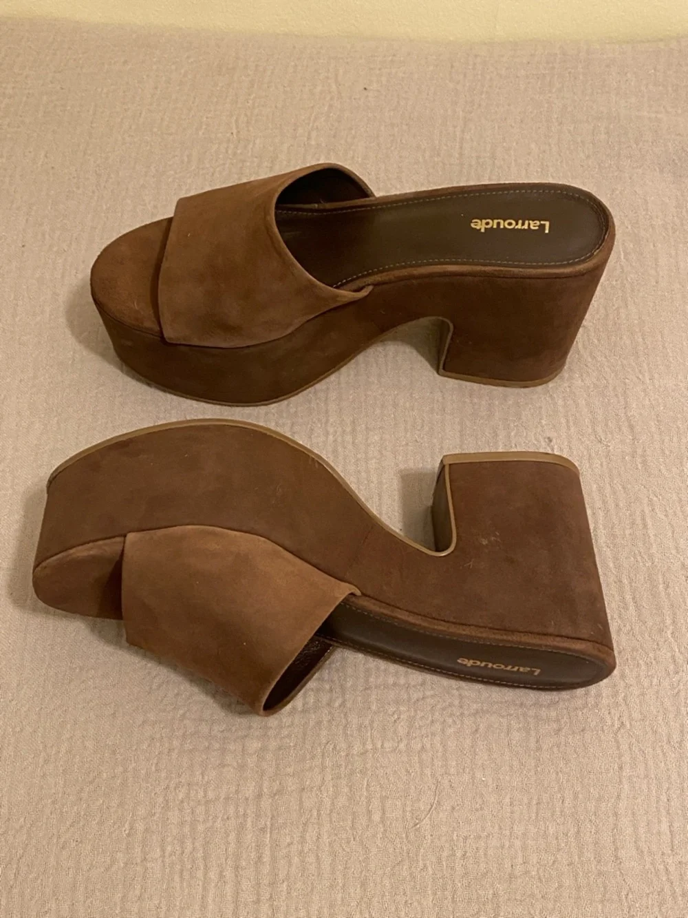 Larroude Brown Suede Platform Slide Sandals. Size 8.5
